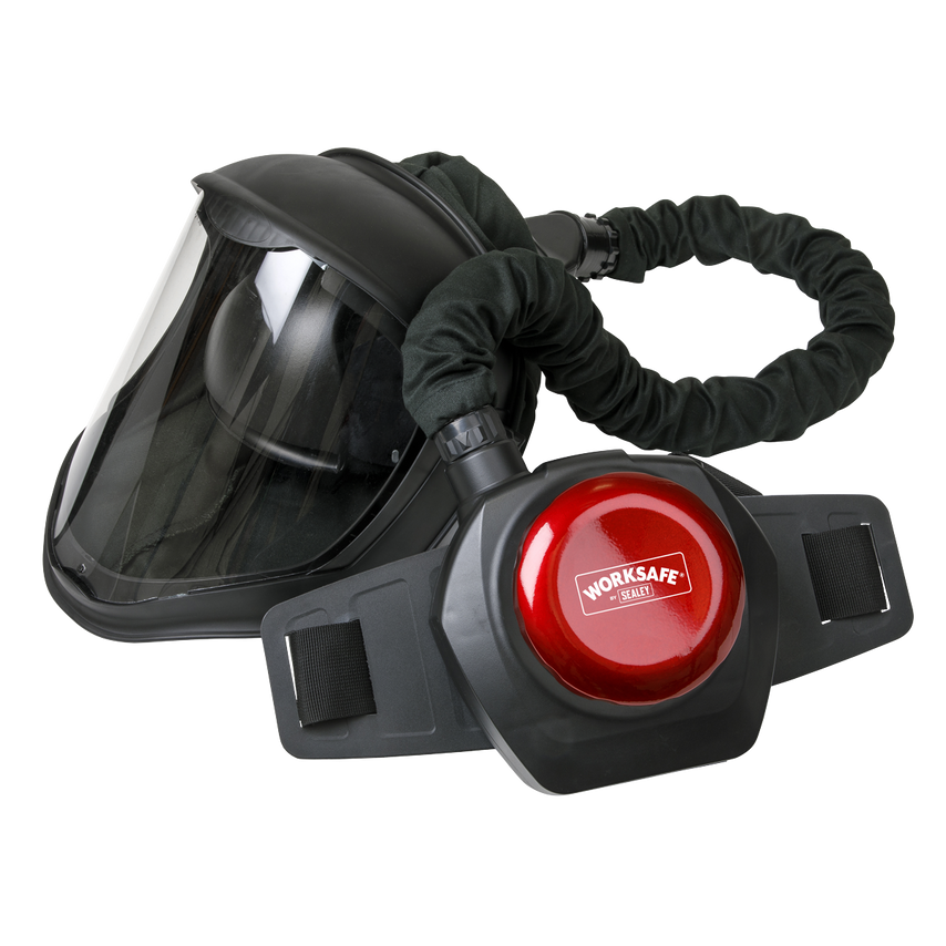 Black powered air purifying respirator with a clear face shield, adjustable headband, and a red WORKSAFE control unit connected by a flexible hose.