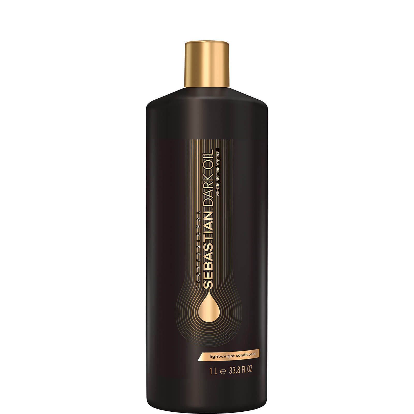 Dark, sleek bottle of Sebastian Professional Dark Oil Conditioner, featuring a gold cap and elegant design with a drop graphic, labeled for lightweight conditioning, 1000 ml size.