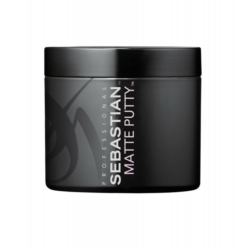 Black container of Sebastian Professional Matte Putty, featuring a sleek design with white and pink text, indicating it's a 75ml hair definition and shaping product.