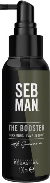 Black and green bottle of Seb Man The Booster Thickening Leave-In Tonic, 100 ml, featuring a pump dispenser and labeled with "with Guarana" and "Sebastian Professional."