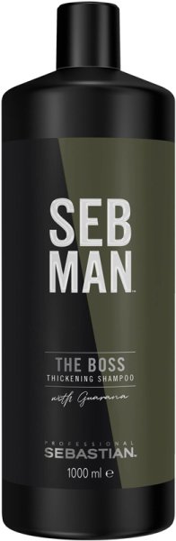 Black bottle with a matte finish, featuring bold white text "SEB MAN" and "THE BOSS THICKENING SHAMPOO" in green, 1000ml size, designed for professional hair care.