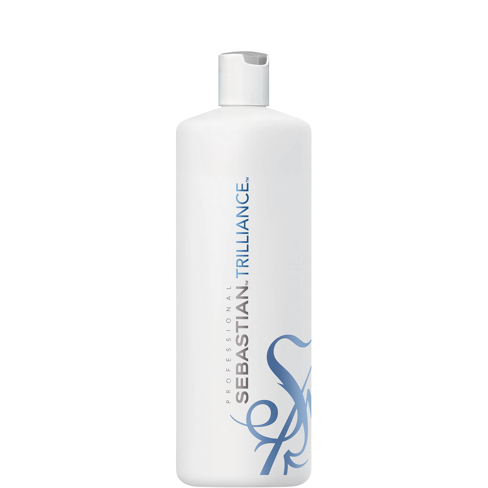 White bottle of Sebastian Trilliance Conditioner, 1000ml, featuring a sleek design with a blue logo and elegant swirls, ideal for enhancing hair shine and smoothness.