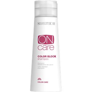 White plastic bottle of Selective Professional ON Care Color Block shampoo, 275 ml, featuring a pink label with the product name and logo, and a flip-top cap.