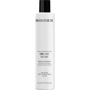 White bottle of Selective Professional Repair Shampoo for weak and brittle hair, 275 ml, featuring black cap and minimalist label with key ingredients like shea butter and green tea.