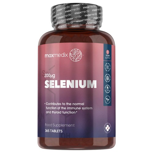 Brown plastic bottle with a silver cap, labeled "Maxmedix Selenium Supplements" in bold white and purple text, featuring 200mcg dosage and 365 tablets for immune support.