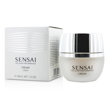 White jar with a silver lid labeled "SENSAI CELLULAR PERFORMANCE CREAM" beside a sleek white box featuring a textured design, both showcasing a modern and elegant aesthetic.