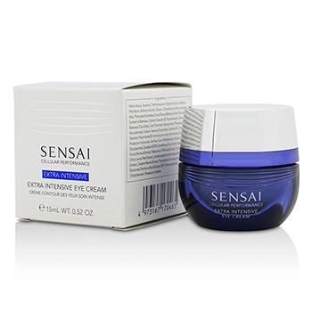 Deep blue glass jar with a silver lid, containing Sensai Cellular Performance Extra Intensive Eye Cream, alongside a white box featuring the product name and details.