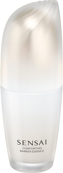 A sleek, frosted glass bottle with a silver cap labeled "SENSAI Comforting Barrier Essence" alongside smaller bottles of cleansing milk and mousse in coordinating packaging.