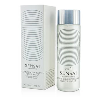 Clear bottle with a silver cap, labeled "SENSAI Silky Purifying Gentle Make-up Remover for Eye & Lip," featuring a sleek design and a white box with wavy lines.