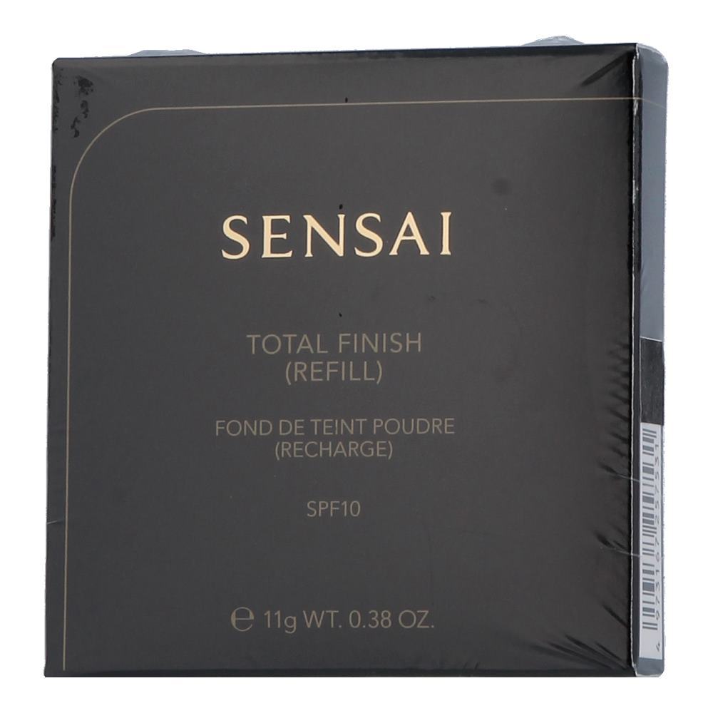 Black square compact with gold lettering, labeled "SENSAI TOTAL FINISH (REFILL) SPF 10," containing 11g of powder foundation in shade TF 102 Soft Ivory.