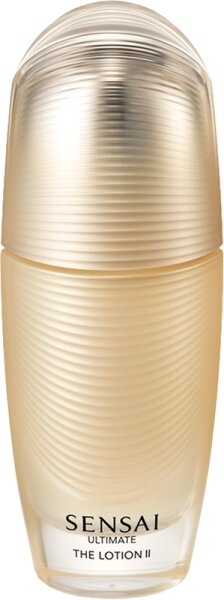 Gold and clear glass bottle with a ribbed design, featuring a rounded cap and labeled "SENSAI ULTIMATE THE LOTION II" in elegant black font.