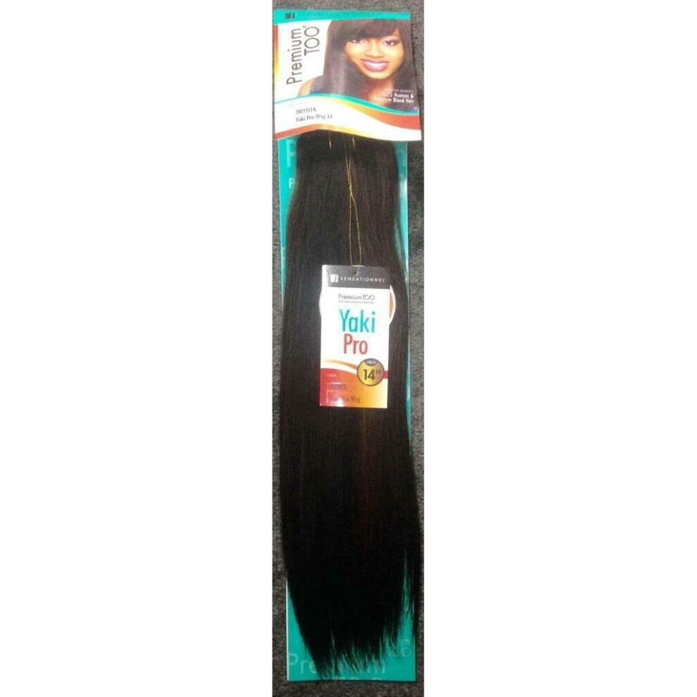 Natural black 18-inch Yaki human hair bulk by Sensationnel, featuring a straight texture and packaged with a vibrant label showcasing the brand and hair type.