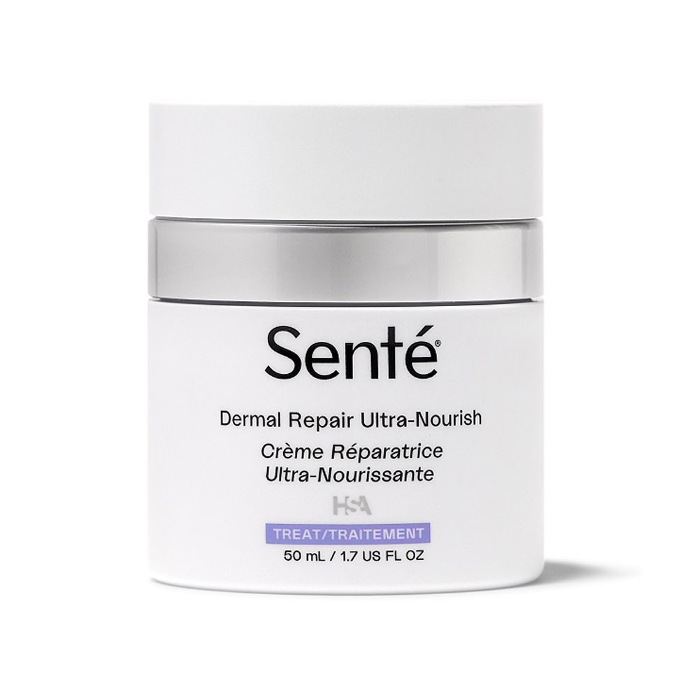 White jar with a silver lid, labeled "Senté Dermal Repair Ultra Nourish," featuring a sleek design and 50 mL capacity, ideal for skincare.