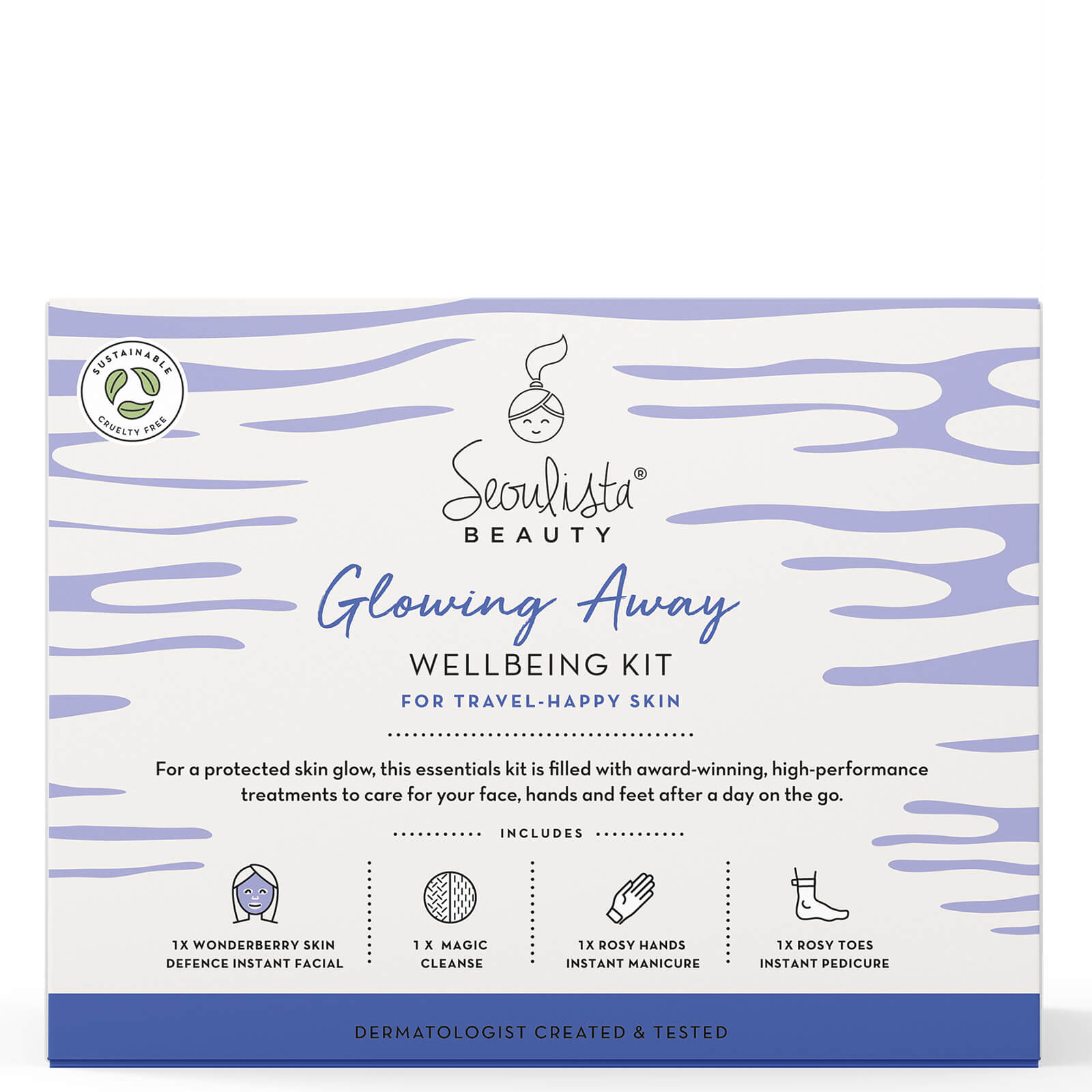 Glowing Away Wellbeing Kit by Seoulista Beauty features a light blue and white box with a wavy design, containing skincare treatments for hands and feet, labeled with product details.