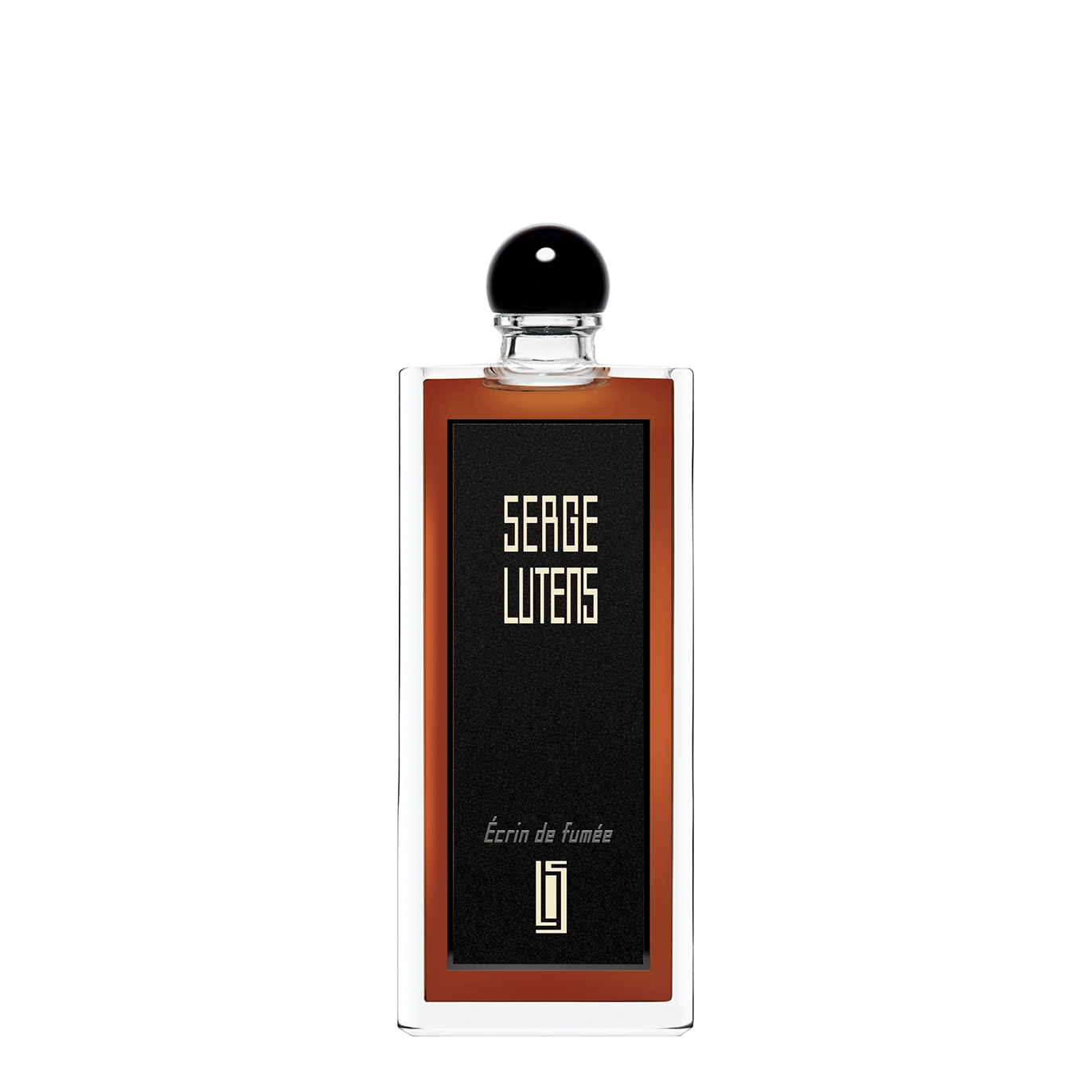 Clear glass bottle with a rectangular shape, featuring a black and orange label that reads "SERGE LUTENS ÉCRIN DE FUMÉE," topped with a round black cap.