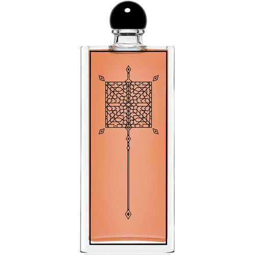 Clear glass bottle of Serge Lutens Fleurs D'oranger Eau De Parfum, featuring an intricate black geometric design and a round black cap, with a warm orange liquid inside.