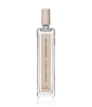 Clear glass bottle with a minimalist design, featuring a beige label with "SERGE LUTENS" in bold letters, topped with a light-colored cap. Contains 100ml of Matin L'eau Eau De Parfum.