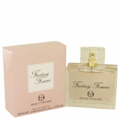 Clear glass bottle with a gold spray nozzle, featuring a minimalist design, alongside a soft pink box labeled "Fantasy Forever" by Sergio Tacchini, 3.3 oz EDT.