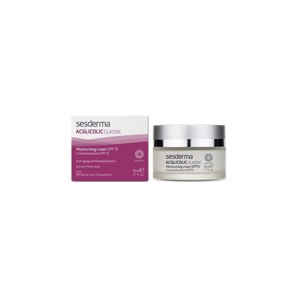 White jar with a silver lid containing Sesderma Acglicolic Classic Moisturising Cream SPF15, alongside a purple and white box, both labeled with product details.