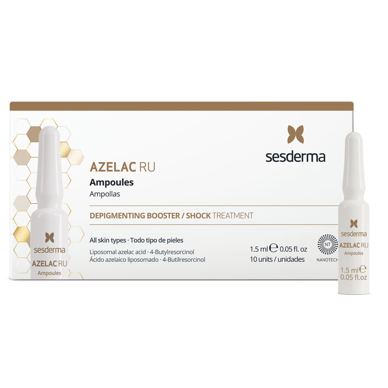 White box featuring "Sesderma AZELAC RU" branding, containing ten small glass ampoules, each labeled 1.5 ml, with a sleek, minimalist design.
