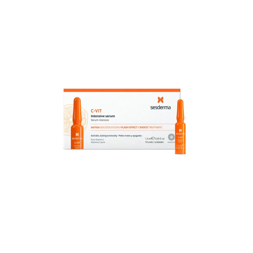 C-Vit Illuminating and Regenerating Serum box by Sesderma, featuring bright orange ampoules, with a white background and bold red text highlighting the product name and benefits.