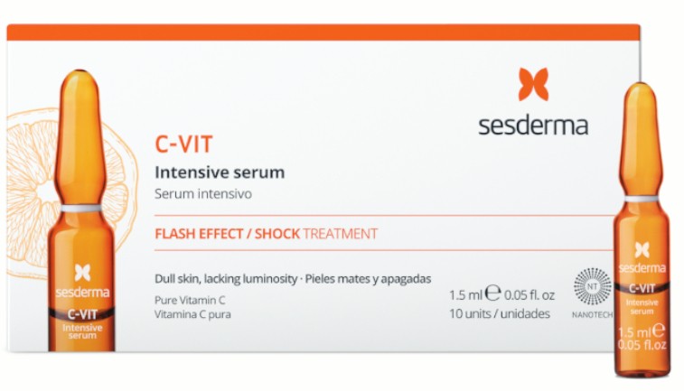 C-Vit Intensive Serum Ampoules by Sesderma, featuring a white box with orange accents, includes ten 2ml glass ampoules labeled for brightening and revitalizing skin.