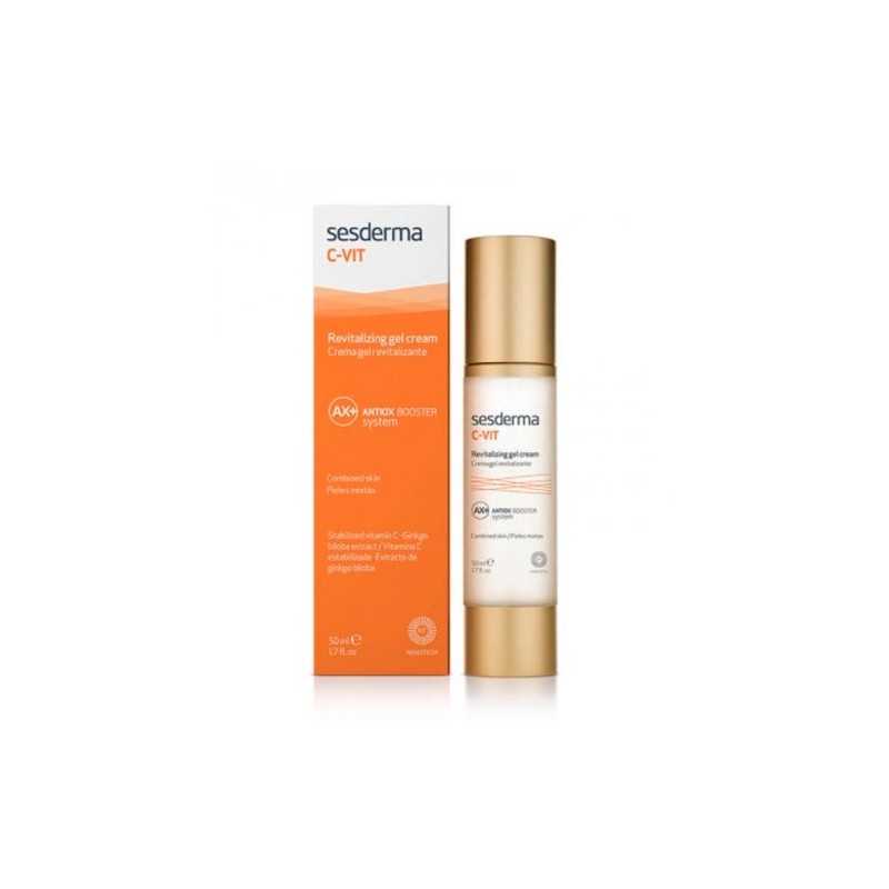 Sesderma C-Vit Revitalizing Gel Cream in a 50ml pump bottle with a gold cap, featuring an orange and white box with product details and benefits listed.