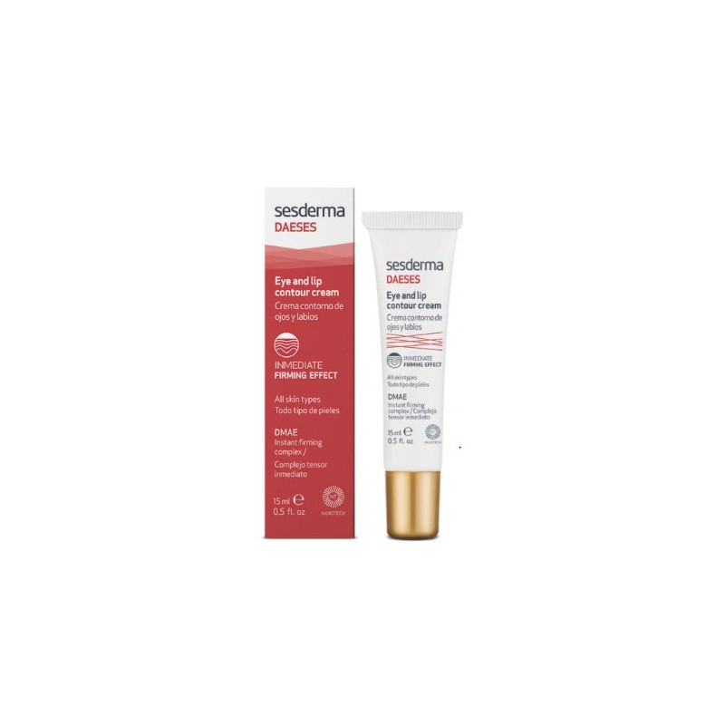 Sesderma Daeses Eye and Lip Contour Cream in a 15ml tube with a white body, gold cap, and red accents, alongside a matching red and white box featuring product details.