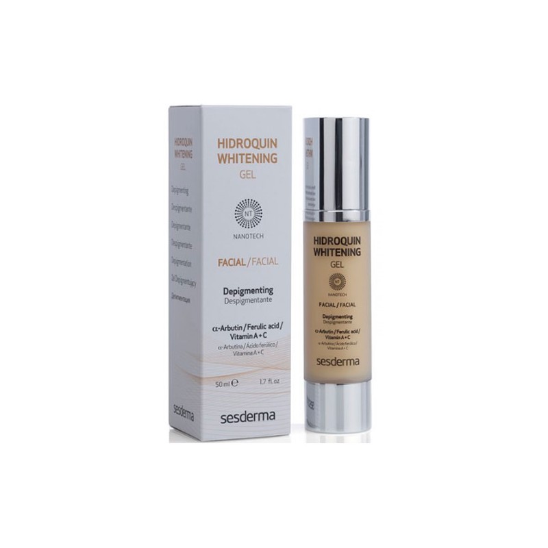 Sesderma Hidroquin Whitening Depigmenting Gel in a sleek silver and clear bottle, with a pump dispenser, alongside a white box featuring orange and black text, 50ml.