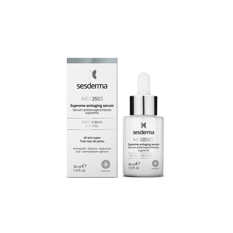 Clear glass dropper bottle with a silver cap, containing a transparent serum, alongside a white box featuring the Sesderma logo and product details in black text.