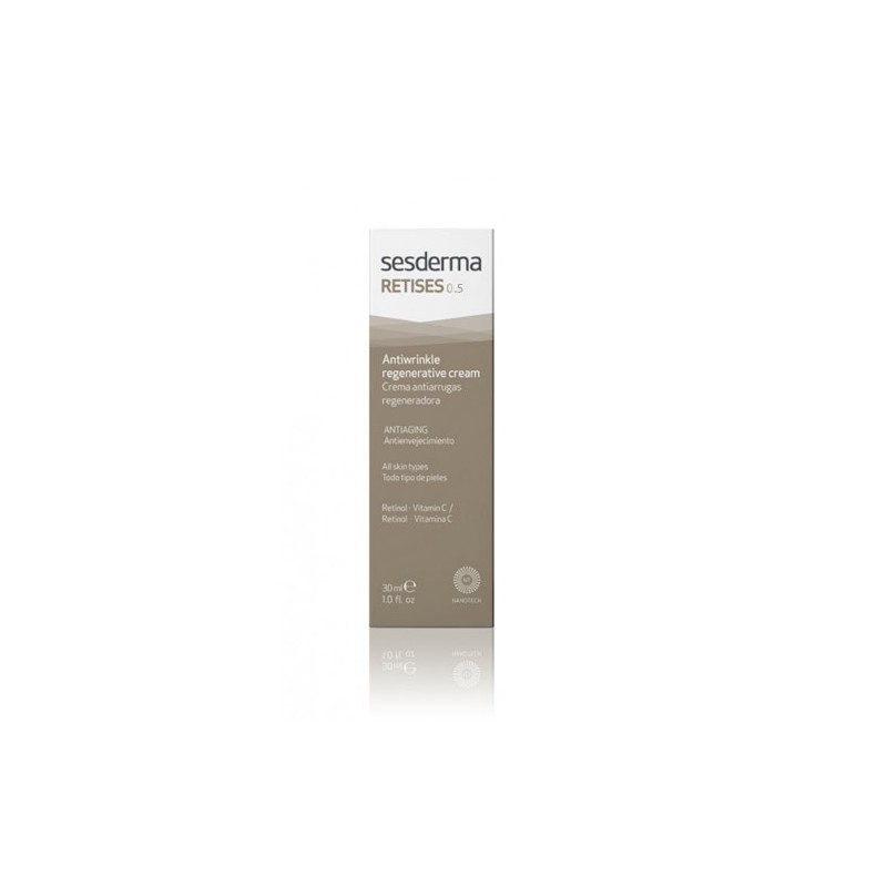 Sesderma Retises 0.5 Regenerating Anti-Wrinkle Cream in a sleek, beige and white box, featuring key details like "anti-wrinkle" and "30ml" prominently displayed.