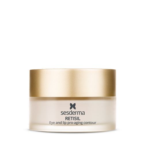 White jar with a gold lid, labeled "Sesderma Retisil Eye and Lip Pro-Aging Contour," containing 30ml of cream for eye and lip care.
