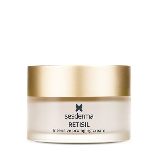 White glass jar with a gold lid, labeled "Sesderma Retisil Intensive Cream 50ml," featuring a sleek, modern design suitable for skincare.