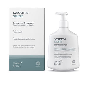 White pump bottle of Sesderma Salises Foam Cream, 250ml, with a sleek design and labeled packaging, featuring a blue and gray color scheme and the brand name prominently displayed.