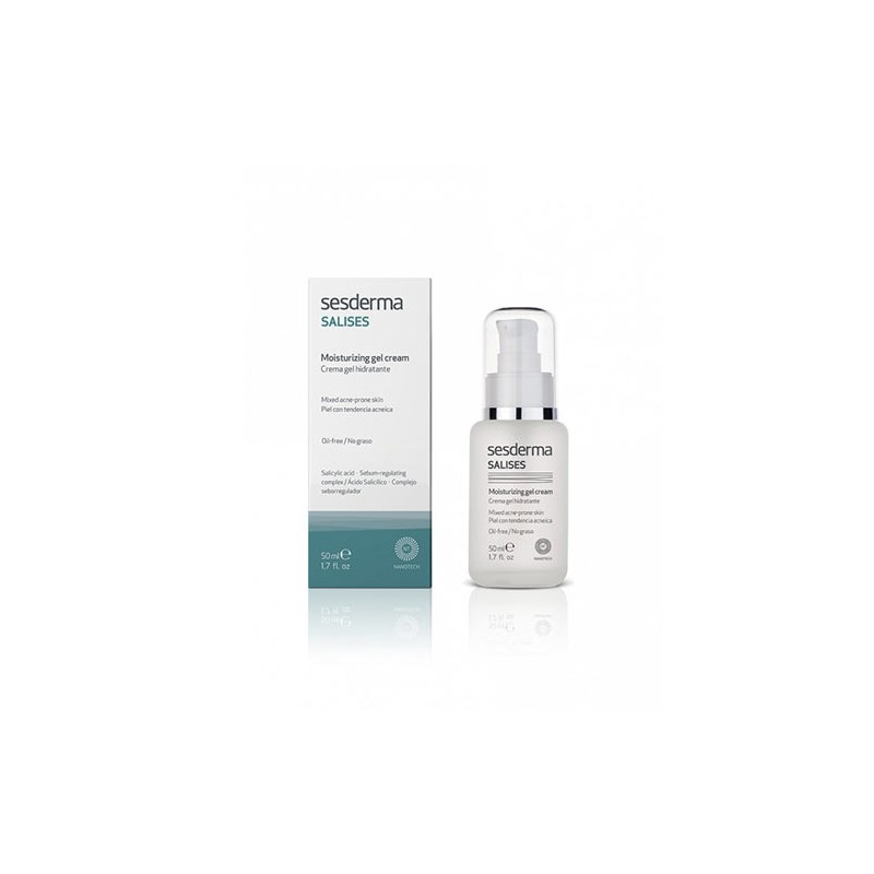 White bottle with a pump dispenser, labeled "Sesderma Salises Moisturizing Gel Cream 50ml," accompanied by a matching green and white box featuring product details.