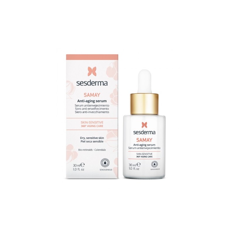 Clear glass bottle with a dropper, containing a light yellow serum, placed beside a pastel pink and white box labeled "Samay" by Sesderma, emphasizing anti-aging and sensitive skin care.