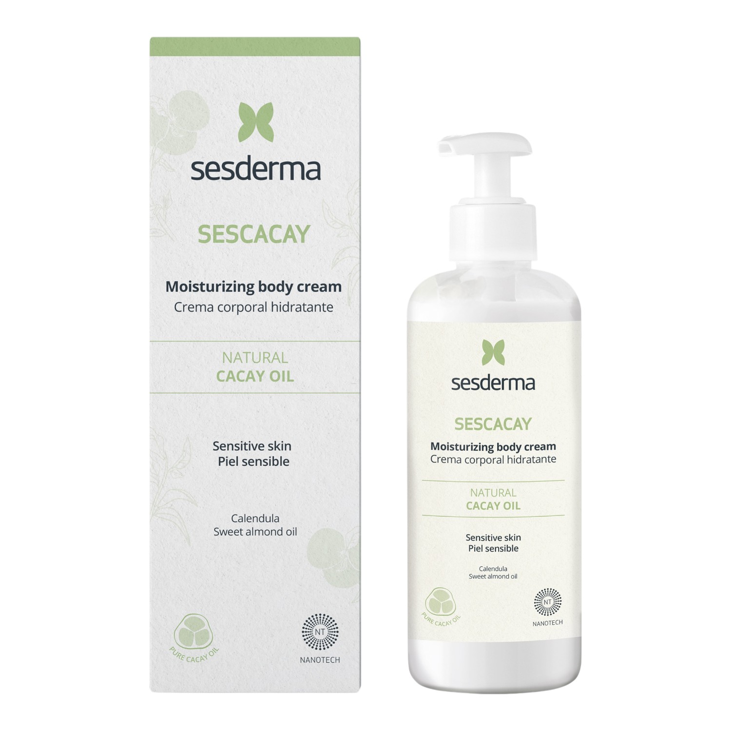 White bottle with a pump dispenser, labeled "Sesderma SESCACAY Moisturizing Body Cream," featuring green accents and a box displaying natural ingredients like cacay oil and calendula.