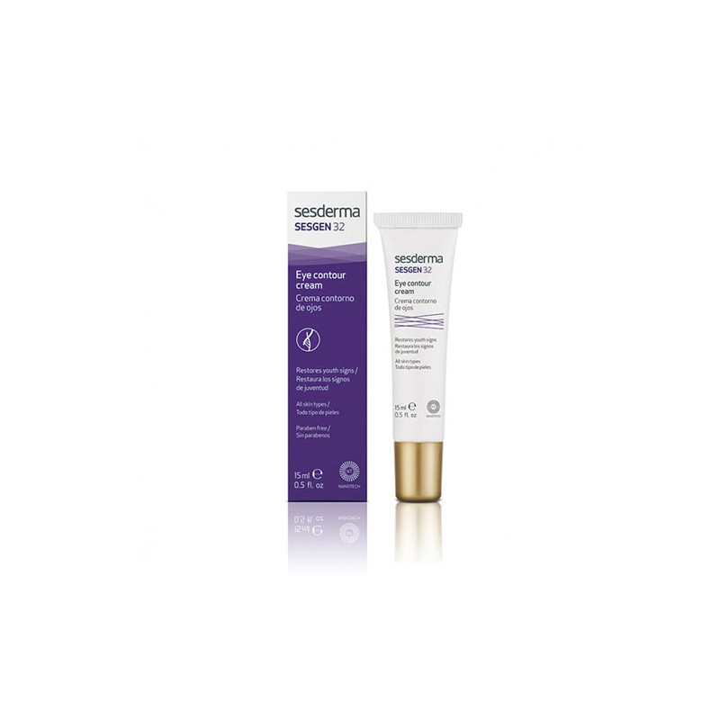Sesderma Sesgen 32 Eye Contour Cream in a 15ml tube with a white body and gold cap, accompanied by a purple and white box featuring product details.