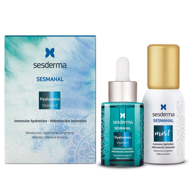 Unisex cosmetic set featuring a turquoise dropper bottle and a white mist spray, both labeled "Sesderma Sesmahal," emphasizing hyaluronic acid and vitamin C for intensive hydration.