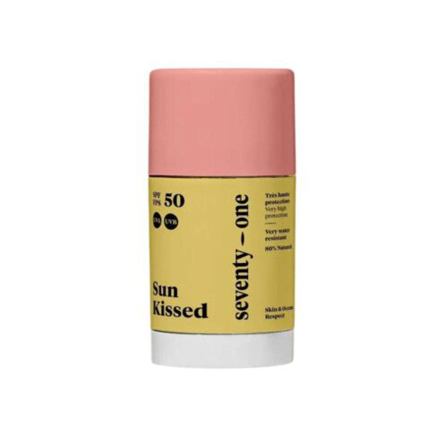 Yellow and pink cylindrical stick labeled "SeventyOne SunKissed SPF50," featuring a matte finish, key details about sun protection, and a natural ingredients emphasis.