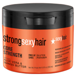 Bright orange jar with a black lid, labeled "Strong Sexy Hair Core Nourishing Anti-Breakage Strength Masque," featuring aloe vera and mango butter, 6.8 oz size.