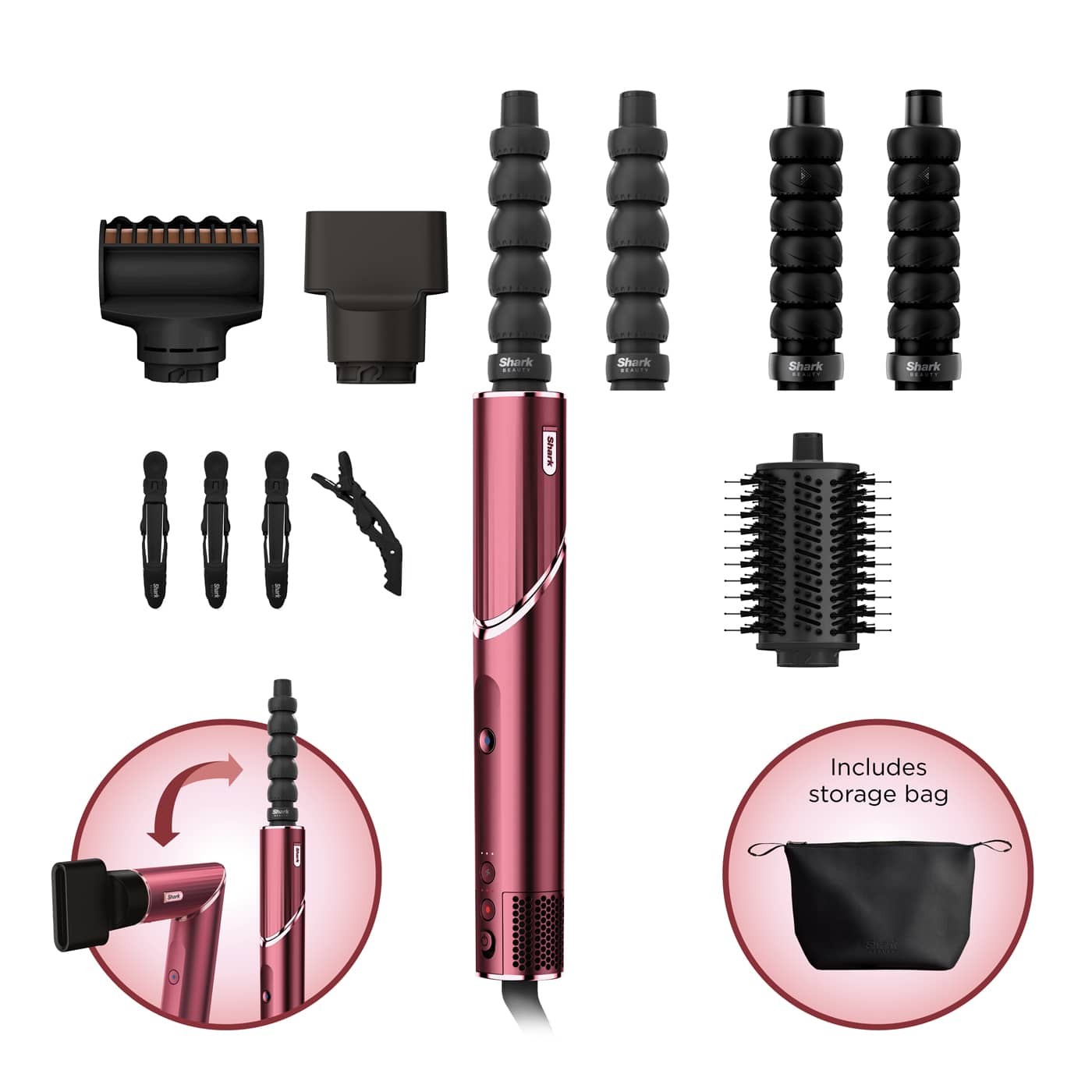 Shark FlexStyle 5-in-1 Air Styler & Hair Dryer in black cherry, featuring multiple styling attachments, a sleek design, and a storage bag for convenience.