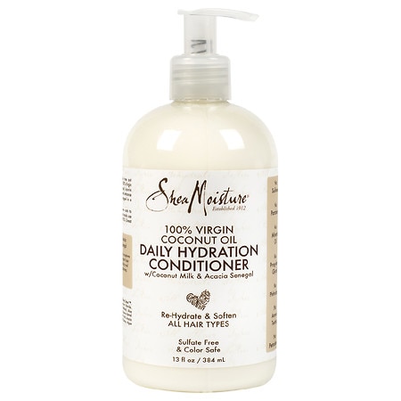 Creamy white bottle with a pump dispenser, labeled "Shea Moisture 100% Virgin Coconut Oil Conditioner," featuring coconut milk and acacia senegal, 384 ml, sulfate-free and color-safe.