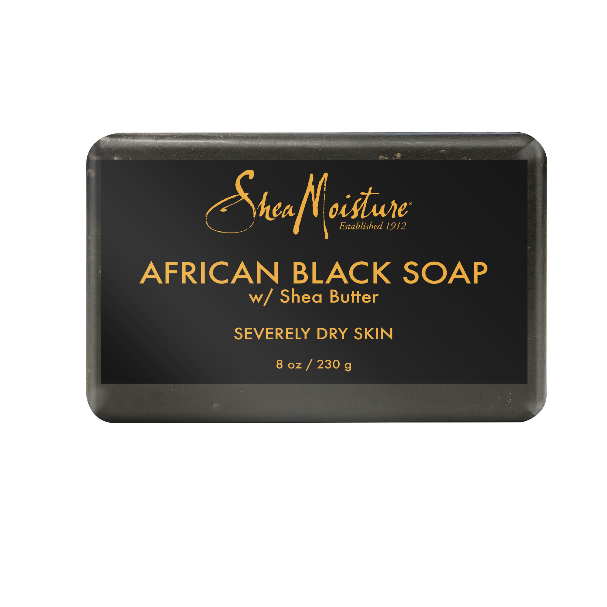 Black rectangular soap bar with gold and white text, labeled "African Black Soap w/ Shea Butter," indicating it is for severely dry skin, weighing 8 oz.