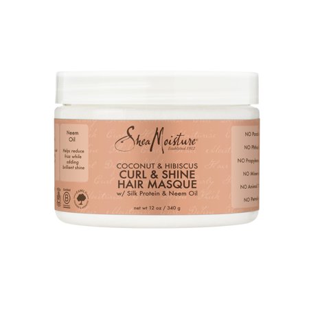 SheaMoisture Curl & Shine Hair Masque in a white jar with a peach label, featuring coconut and hibiscus graphics, 11.5 oz, highlighting no sulfates or parabens.