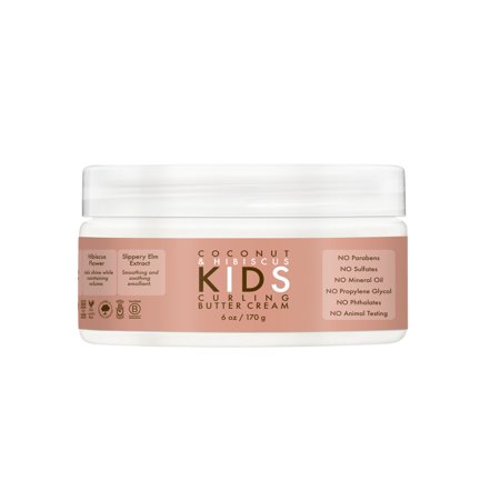 Light pink jar with a white lid, labeled "Coconut & Hibiscus Kids Curling Styling Cream," 6 oz, featuring key details like "No Parabens" and "No Sulfates."