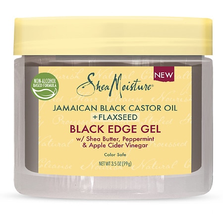 Clear jar with a yellow lid, labeled "SheaMoisture Jamaican Black Castor Oil + Flaxseed Fortifying Edge Gel," featuring a non-alcohol formula and ingredients like shea butter and peppermint.
