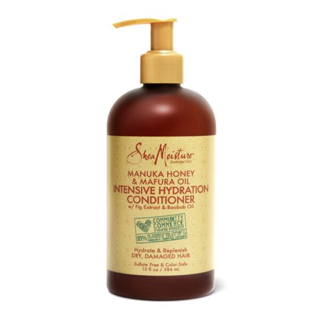 Brown plastic bottle with a pump top, labeled "Shea Moisture Intensive Hydration Conditioner" featuring Manuka Honey and Mafura Oil, 13 oz, with a green "Community Commerce" seal.