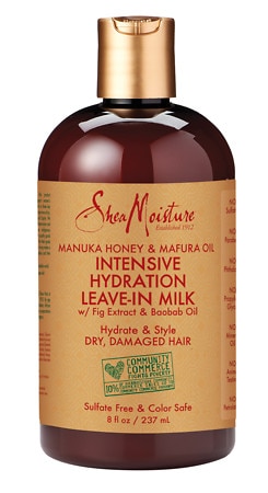 Dark amber bottle with a pump top, labeled "SheaMoisture Manuka Honey & Mafura Oil Intensive Hydration Leave-in Milk," designed for dry, damaged hair, 8 fl oz.