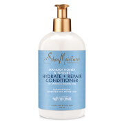 White bottle with a gold pump top, featuring a light blue label that reads "Shea Moisture Manuka Honey & Yogurt Hydrate & Repair Conditioner" in elegant gold lettering.